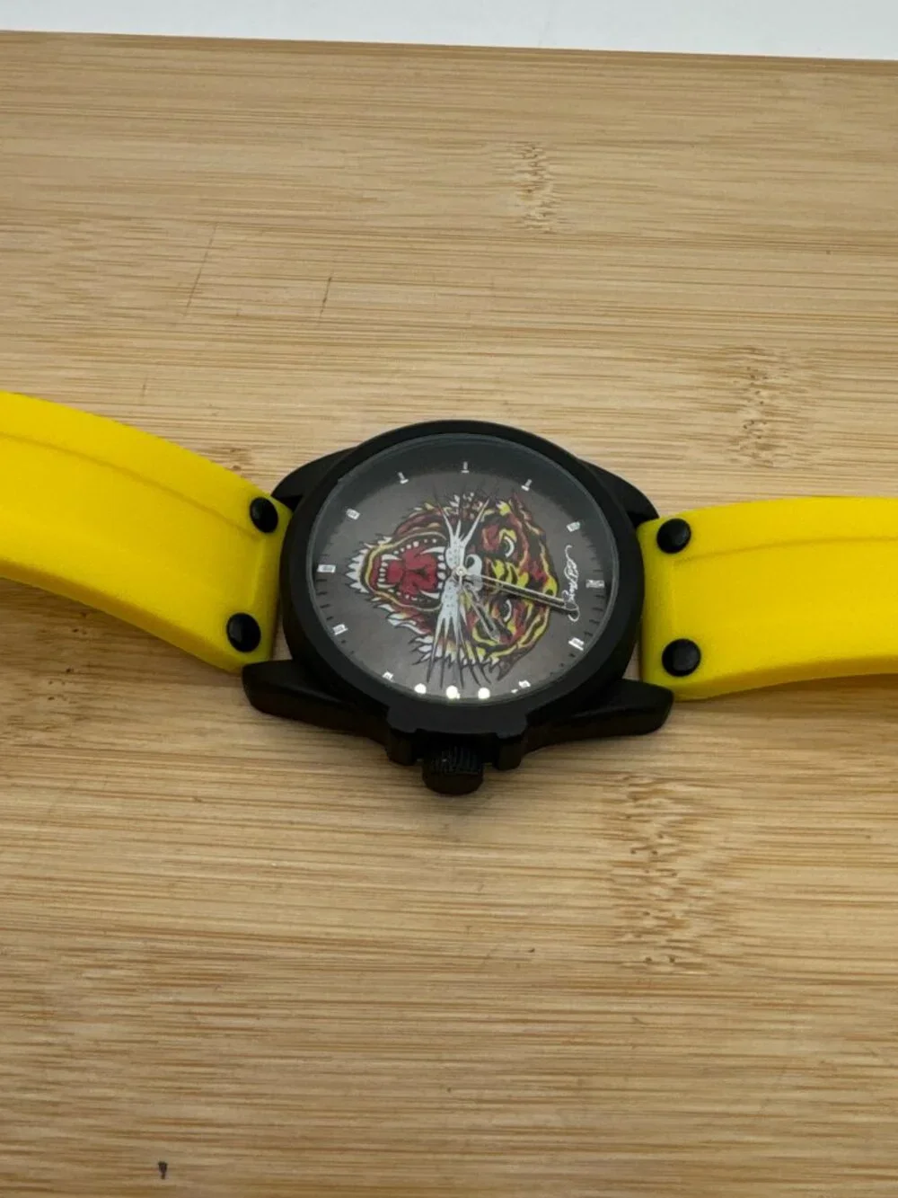 Ed Hardy Men's Tiger Dial Watch Yellow Silicone Strap Black Case Quartz